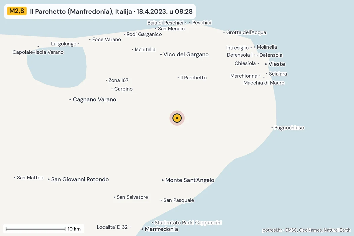 Karta: okolica epicentra, 60 km, potres M2,8, II Parchetto (Manfredonia), Italija, 18.4.2023.