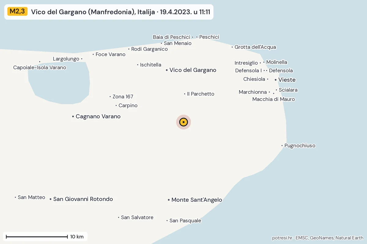 Karta: okolica epicentra, 60 km, potres M2,3, Vico del Gargano (Manfredonia), Italija, 19.4.2023.