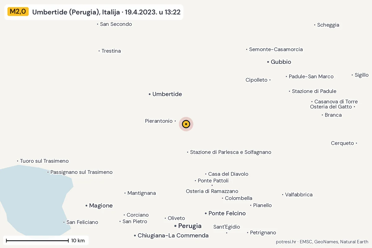 Karta: okolica epicentra, 60 km, potres M2,0, Umbertide (Perugia), Italija, 19.4.2023.
