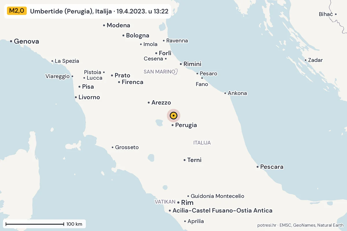 Karta: šire područje, 600 km, potres M2,0, Umbertide (Perugia), Italija, 19.4.2023.