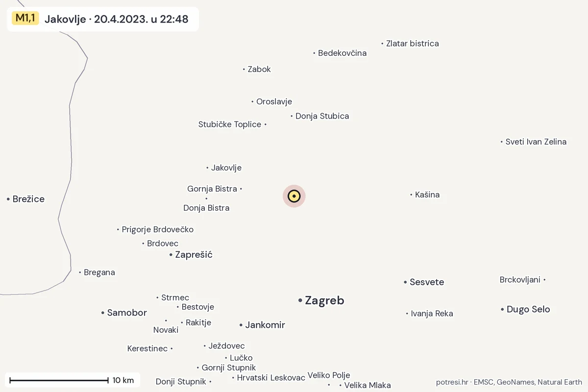 Karta: okolica epicentra, 60 km, potres M1,1, Jakovlje, 20.4.2023.