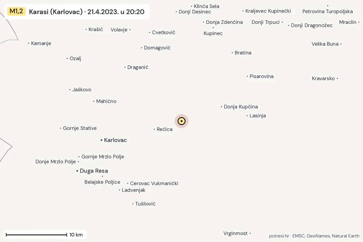 Karta: okolica epicentra, 60 km, potres M1,2, Karasi (Karlovac), 21.4.2023.