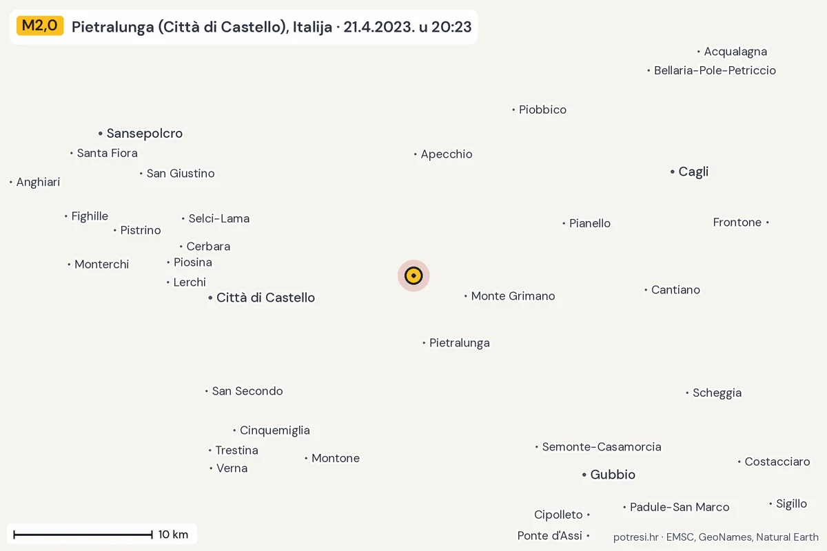 Karta: okolica epicentra, 60 km, potres M2,0, Pietralunga (Città di Castello), Italija, 21.4.2023.