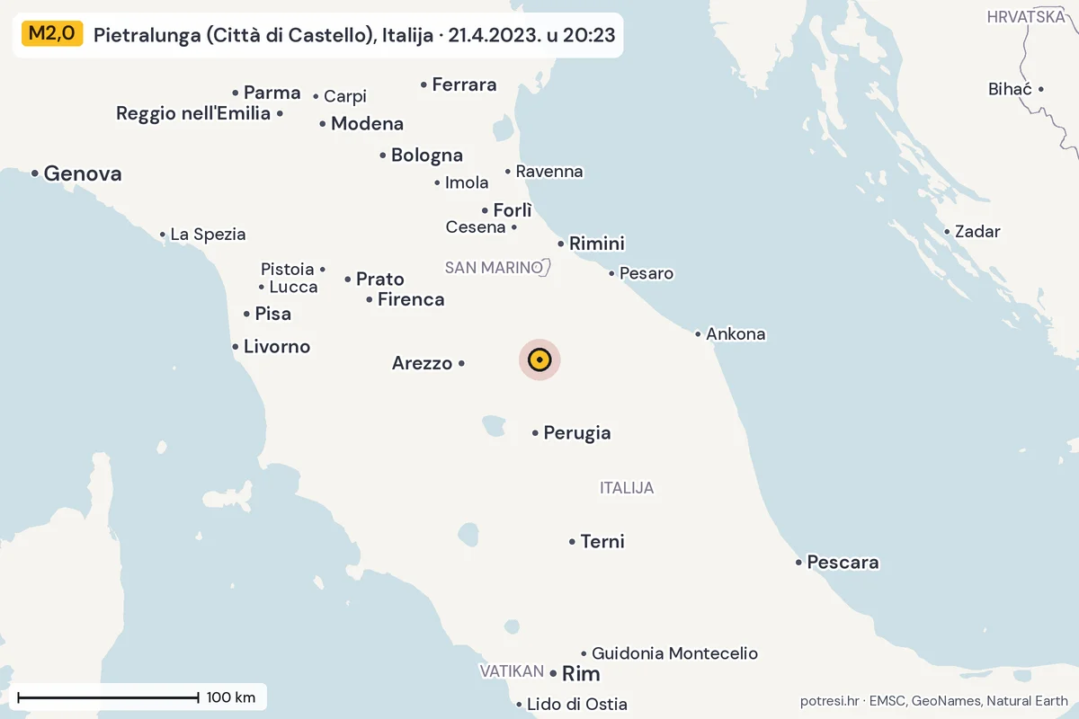 Karta: šire područje, 600 km, potres M2,0, Pietralunga (Città di Castello), Italija, 21.4.2023.
