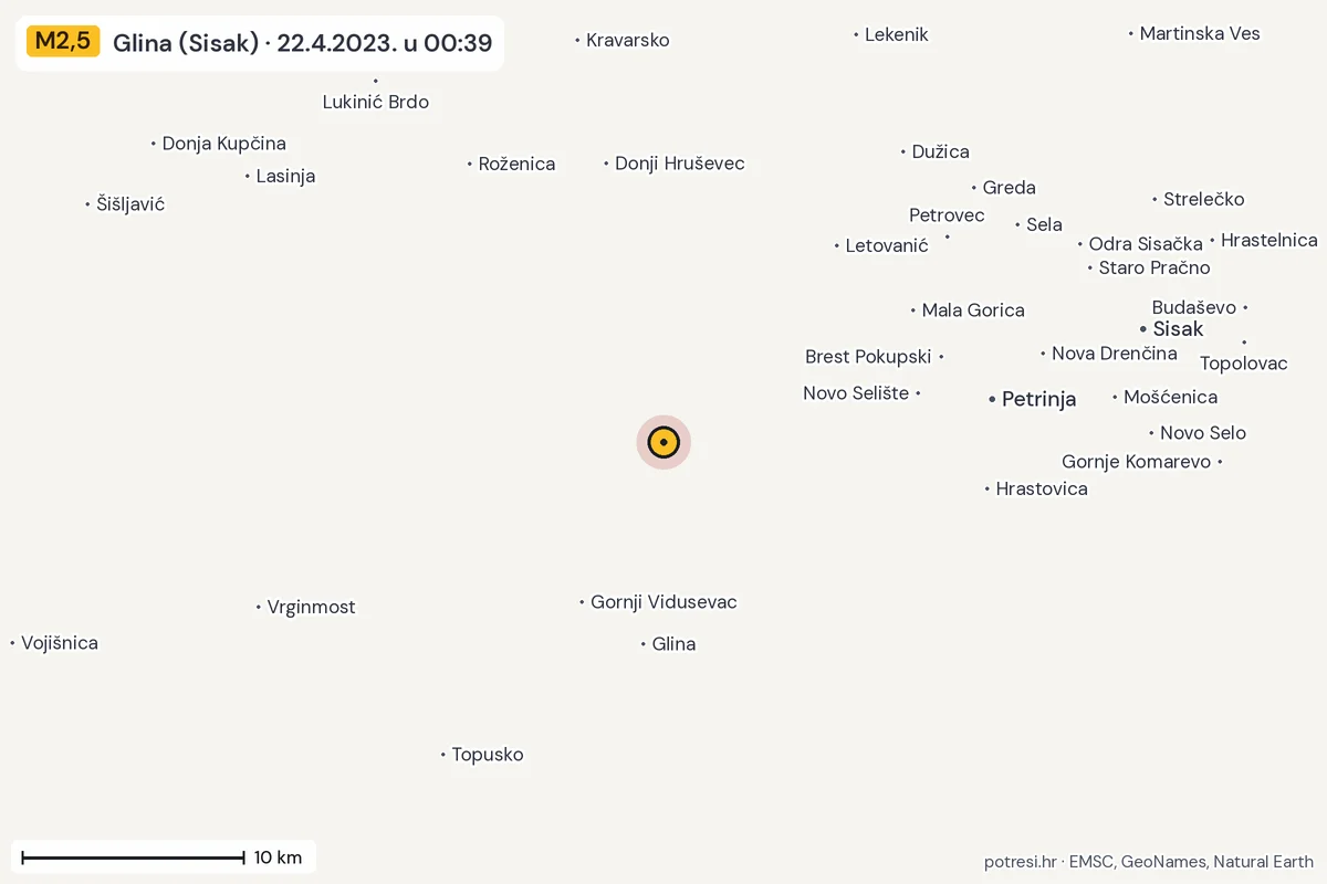 Karta: okolica epicentra, 60 km, potres M2,5, Glina (Sisak), 22.4.2023.