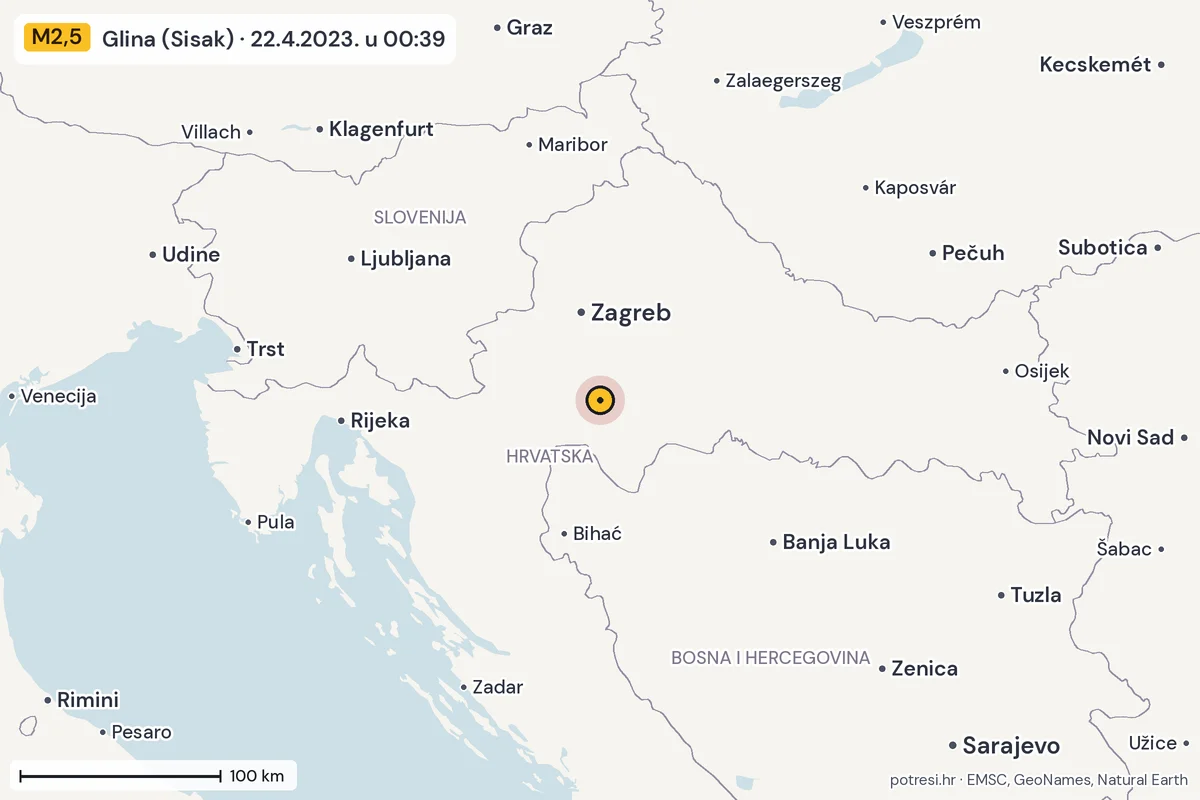 Karta: šire područje, 600 km, potres M2,5, Glina (Sisak), 22.4.2023.