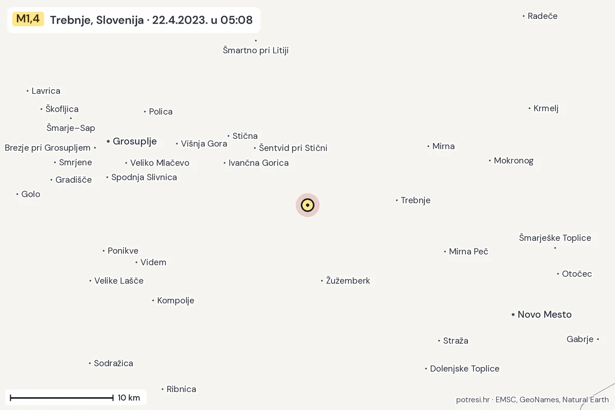 Karta: okolica epicentra, 60 km, potres M1,4, Trebnje, Slovenija, 22.4.2023.