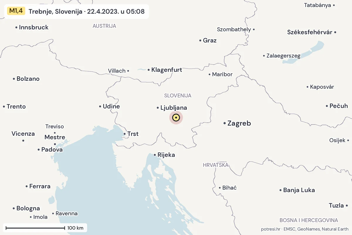 Karta: šire područje, 600 km, potres M1,4, Trebnje, Slovenija, 22.4.2023.