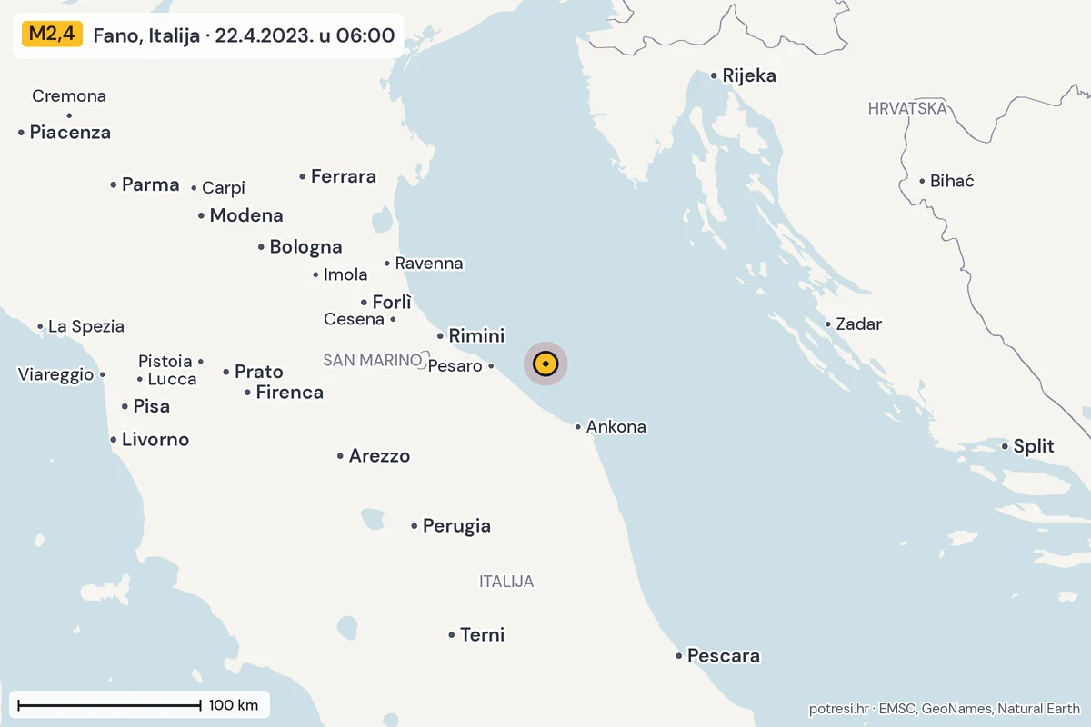 Karta: šire područje, 600 km, potres M2,4, Fano, Italija, 22.4.2023.