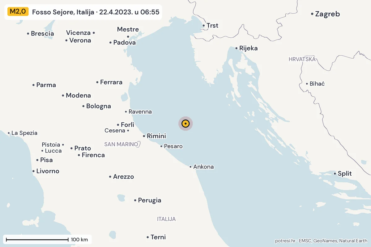 Karta: šire područje, 600 km, potres M2,0, Fosso Sejore, Italija, 22.4.2023.