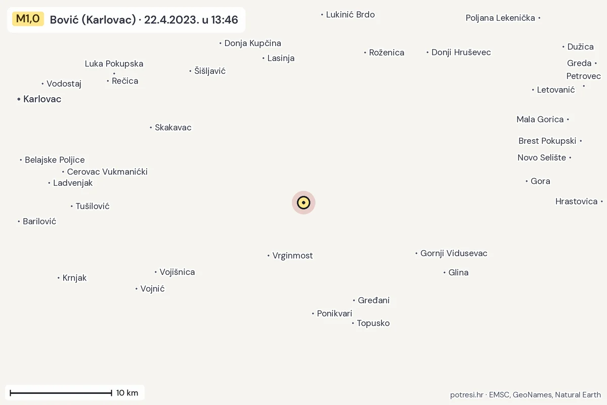 Karta: okolica epicentra, 60 km, potres M1,0, Bović (Karlovac), 22.4.2023.