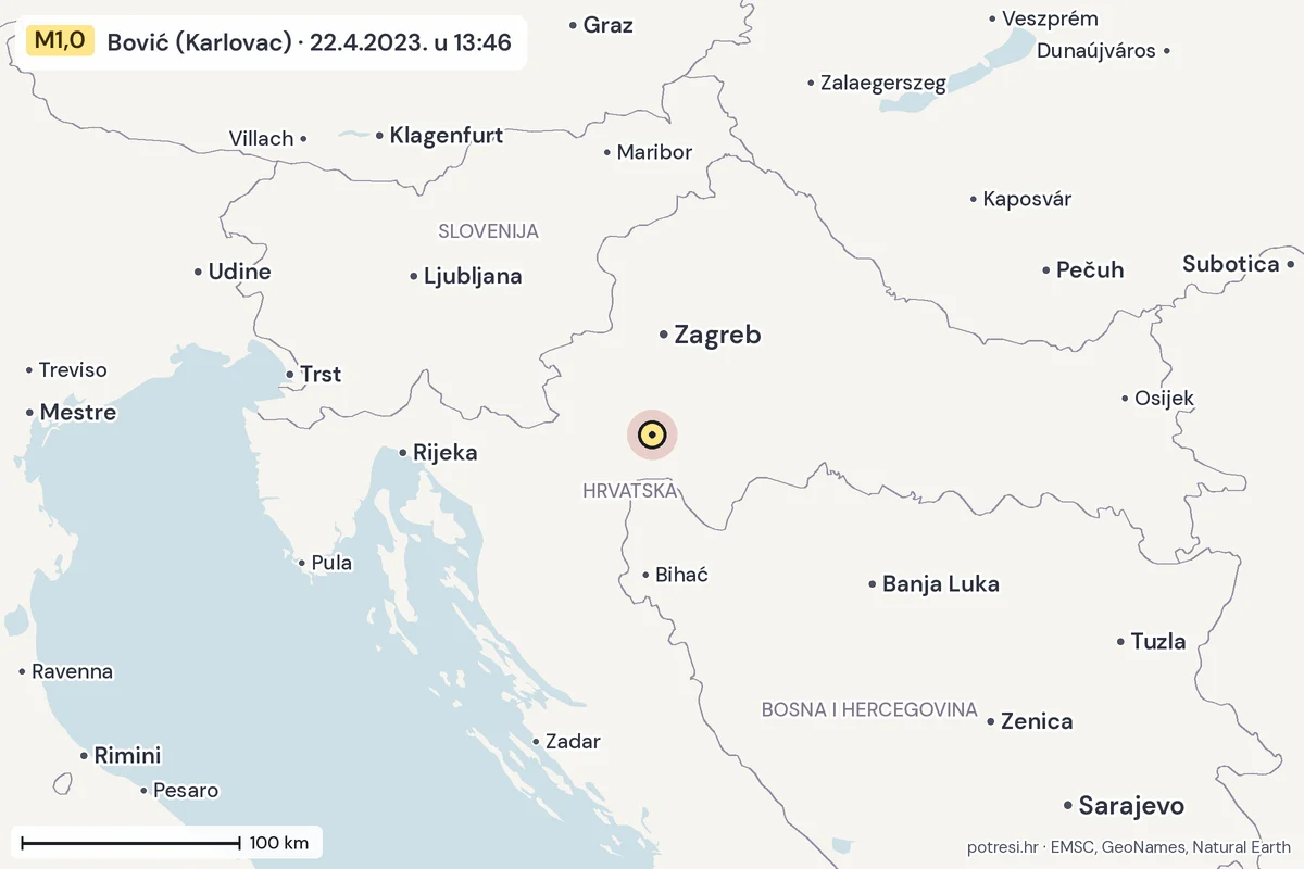 Karta: šire područje, 600 km, potres M1,0, Bović (Karlovac), 22.4.2023.