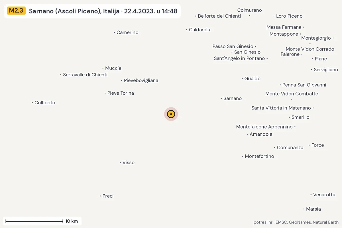 Karta: okolica epicentra, 60 km, potres M2,3, Sarnano (Ascoli Piceno), Italija, 22.4.2023.