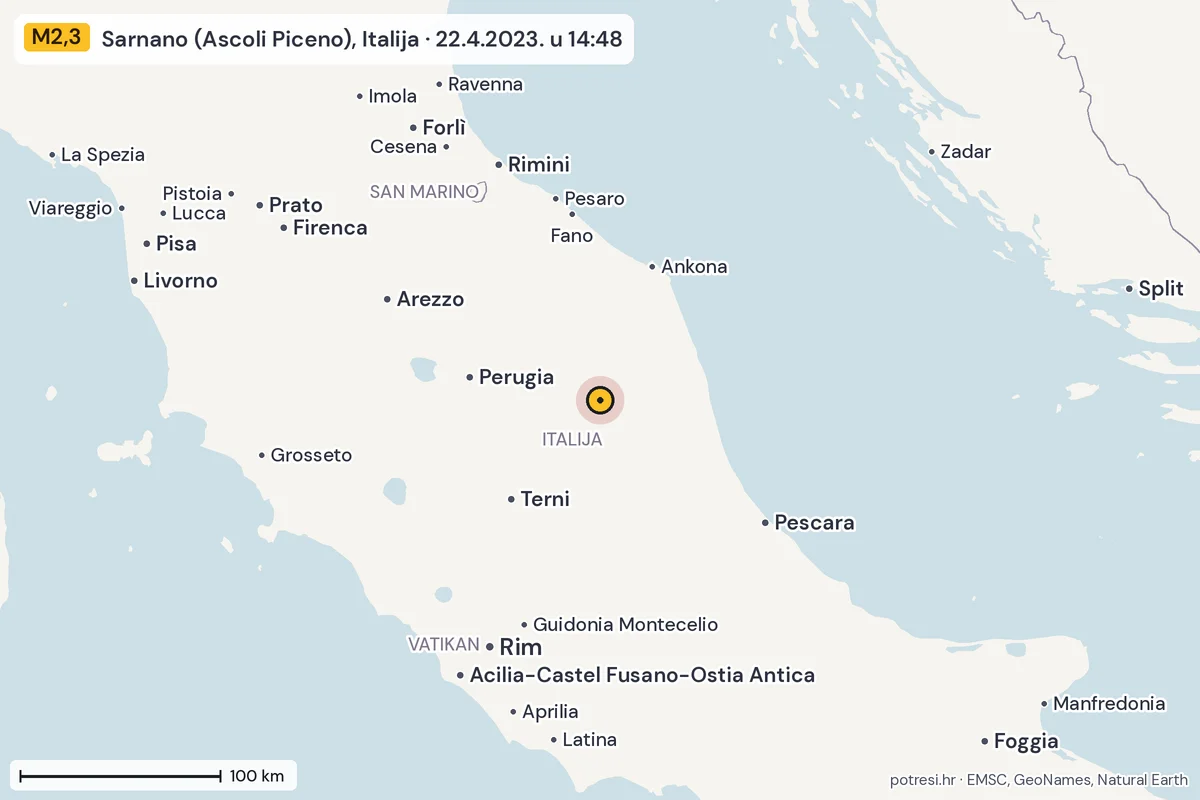 Karta: šire područje, 600 km, potres M2,3, Sarnano (Ascoli Piceno), Italija, 22.4.2023.