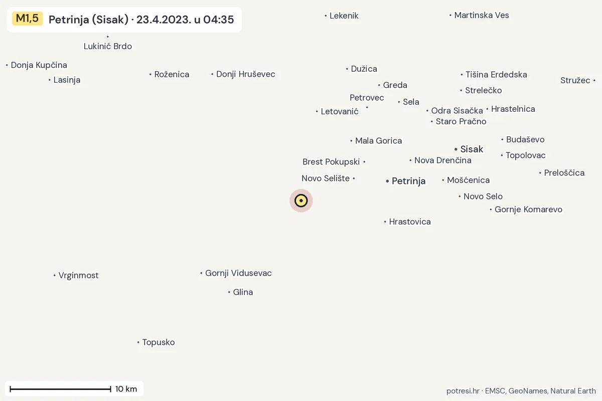 Karta: okolica epicentra, 60 km, potres M1,5, Petrinja (Sisak), 23.4.2023.