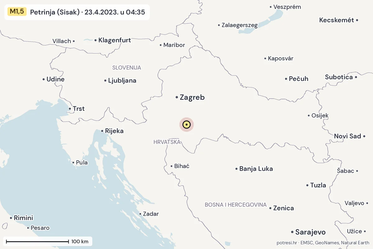 Karta: šire područje, 600 km, potres M1,5, Petrinja (Sisak), 23.4.2023.