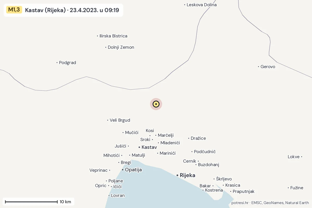 Karta: okolica epicentra, 60 km, potres M1,3, Kastav (Rijeka), 23.4.2023.