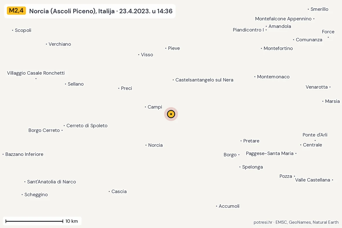 Karta: okolica epicentra, 60 km, potres M2,4, Norcia (Ascoli Piceno), Italija, 23.4.2023.