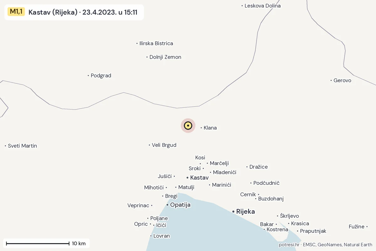 Karta: okolica epicentra, 60 km, potres M1,1, Kastav (Rijeka), 23.4.2023.