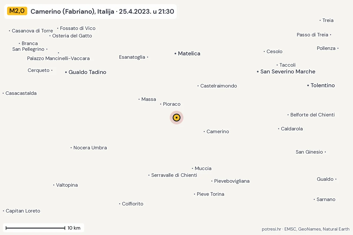 Karta: okolica epicentra, 60 km, potres M2,0, Camerino (Fabriano), Italija, 25.4.2023.