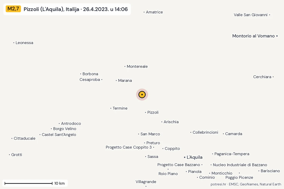 Karta: okolica epicentra, 60 km, potres M2,7, Pizzoli (L'Aquila), Italija, 26.4.2023.