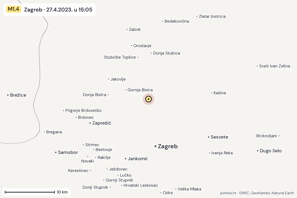 Karta: okolica epicentra, 60 km, potres M1,4, Zagreb, 27.4.2023.