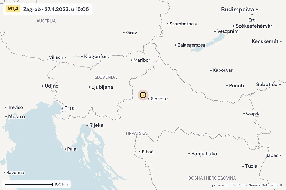 Karta: šire područje, 600 km, potres M1,4, Zagreb, 27.4.2023.