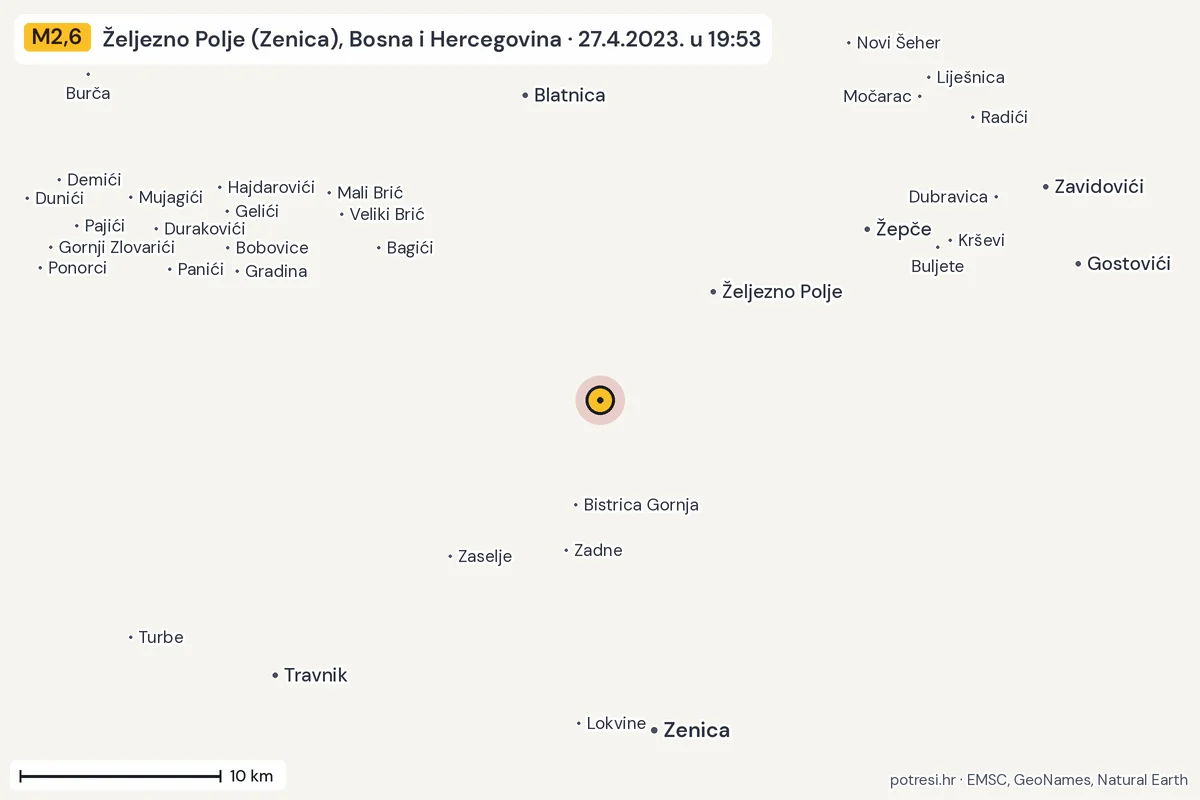 Karta: okolica epicentra, 60 km, potres M2,6, Željezno Polje (Zenica), Bosna i Hercegovina, 27.4.2023.