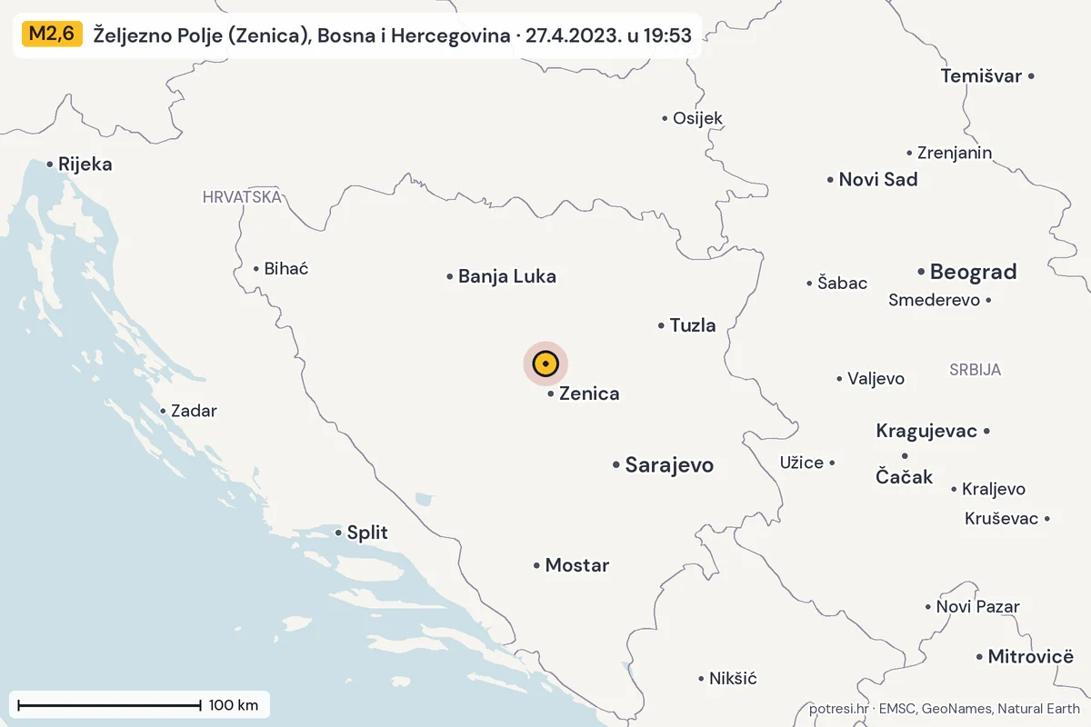 Karta: šire područje, 600 km, potres M2,6, Željezno Polje (Zenica), Bosna i Hercegovina, 27.4.2023.
