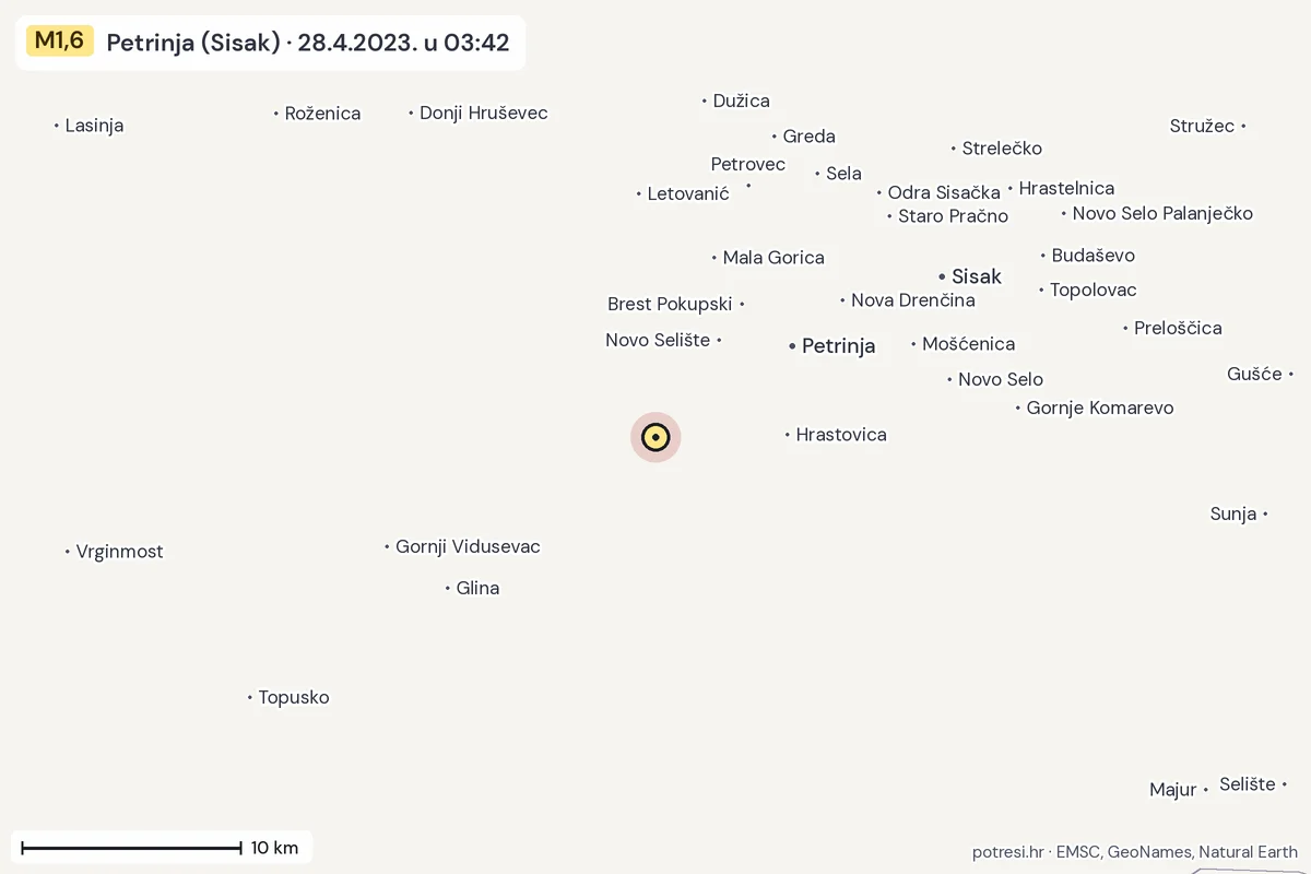Karta: okolica epicentra, 60 km, potres M1,6, Petrinja (Sisak), 28.4.2023.