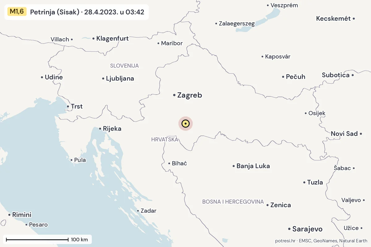 Karta: šire područje, 600 km, potres M1,6, Petrinja (Sisak), 28.4.2023.