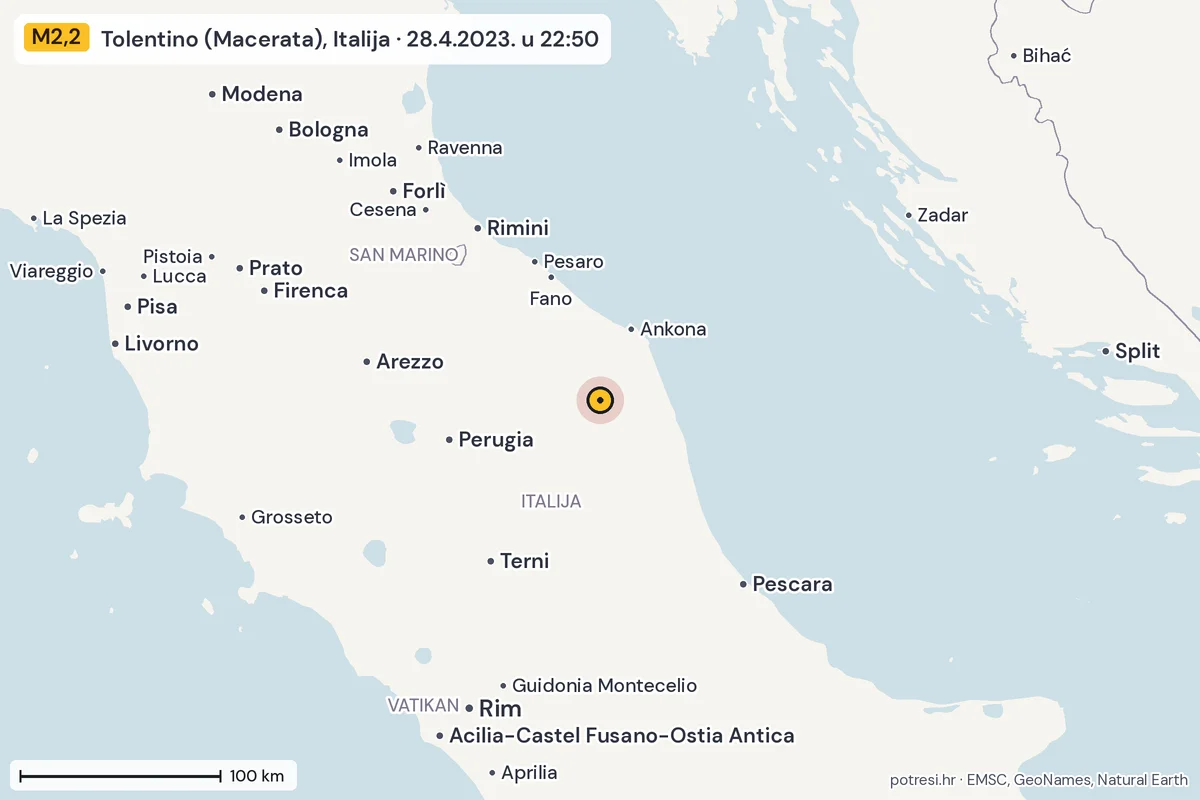 Karta: šire područje, 600 km, potres M2,2, Tolentino (Macerata), Italija, 28.4.2023.