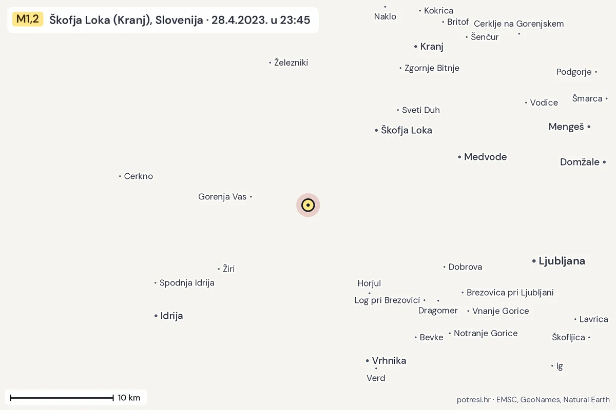 Karta: okolica epicentra, 60 km, potres M1,2, Škofja Loka (Kranj), Slovenija, 28.4.2023.