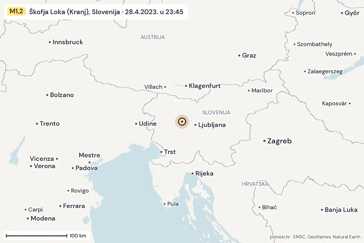 Karta: šire područje, 600 km, potres M1,2, Škofja Loka (Kranj), Slovenija, 28.4.2023.