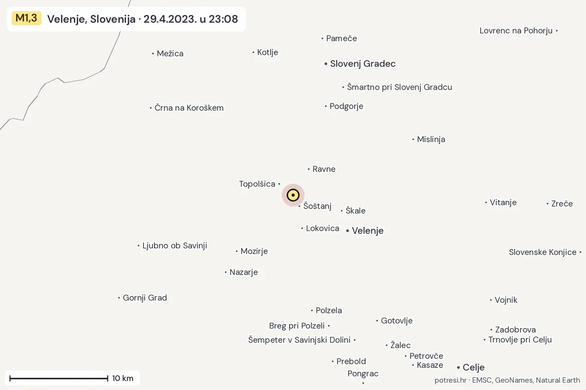 Karta: okolica epicentra, 60 km, potres M1,3, Velenje, Slovenija, 29.4.2023.
