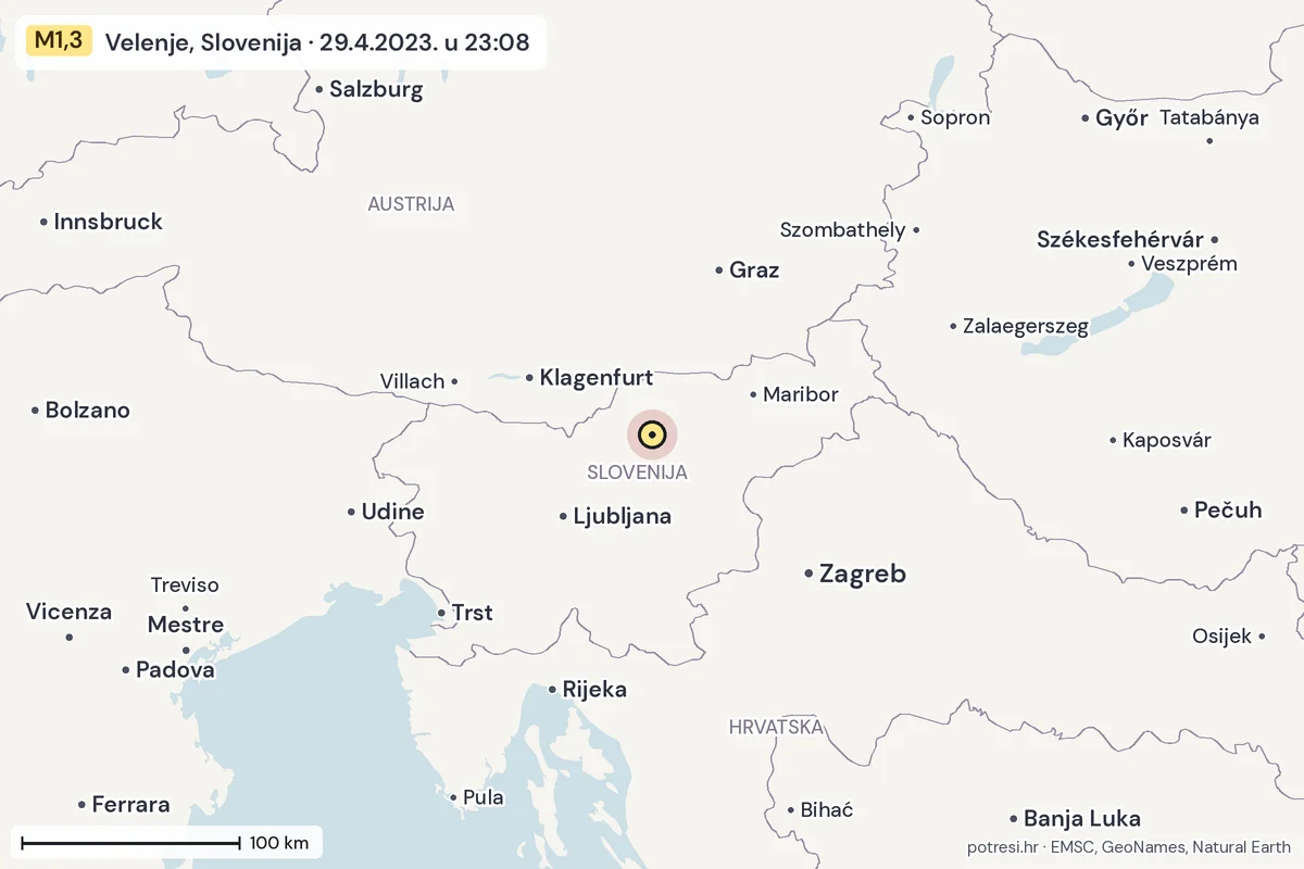 Karta: šire područje, 600 km, potres M1,3, Velenje, Slovenija, 29.4.2023.
