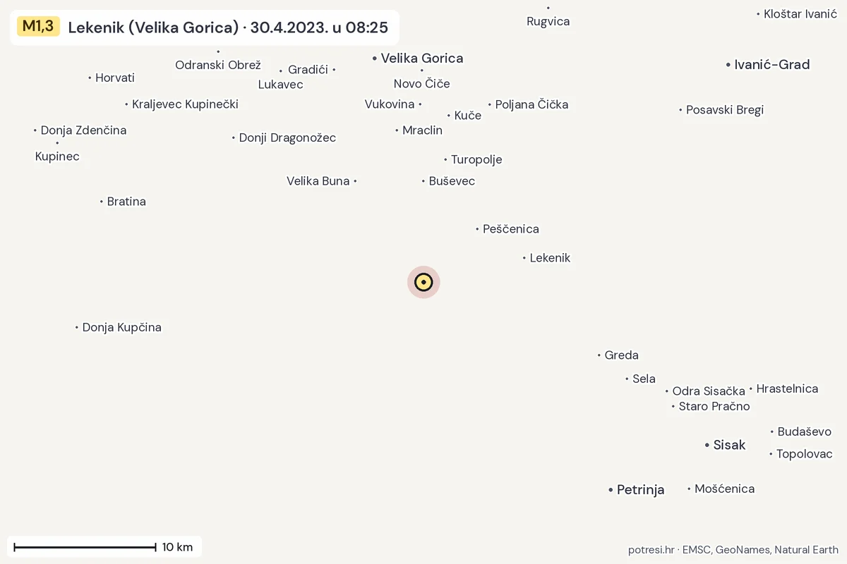 Karta: okolica epicentra, 60 km, potres M1,3, Lekenik (Velika Gorica), 30.4.2023.