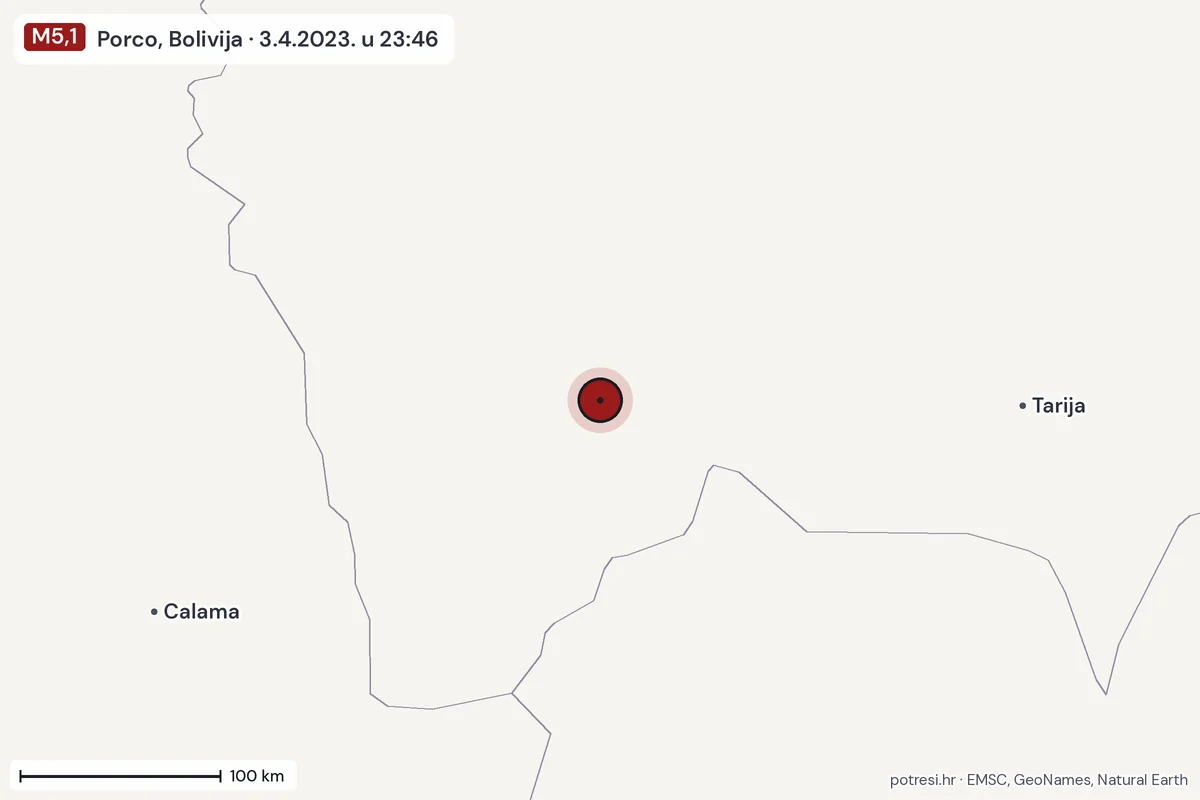 Karta: šire područje, 600 km, potres M5,1, Porco, Bolivija, 3.4.2023.