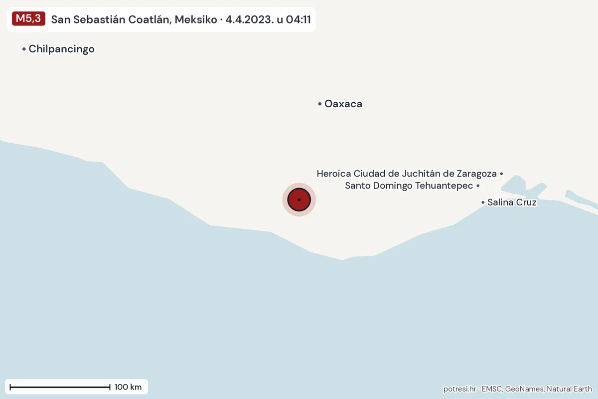 Karta: šire područje, 600 km, potres M5,3, San Sebastián Coatlán, Meksiko, 4.4.2023.