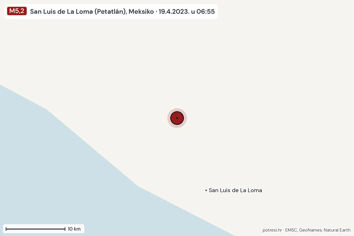 Karta: okolica epicentra, 60 km, potres M5,2, San Luis de La Loma (Petatlán), Meksiko, 19.4.2023.
