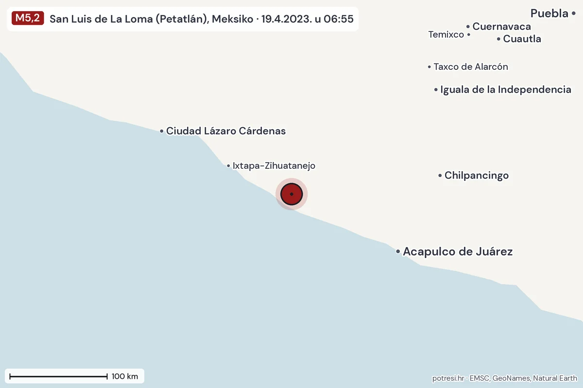 Karta: šire područje, 600 km, potres M5,2, San Luis de La Loma (Petatlán), Meksiko, 19.4.2023.