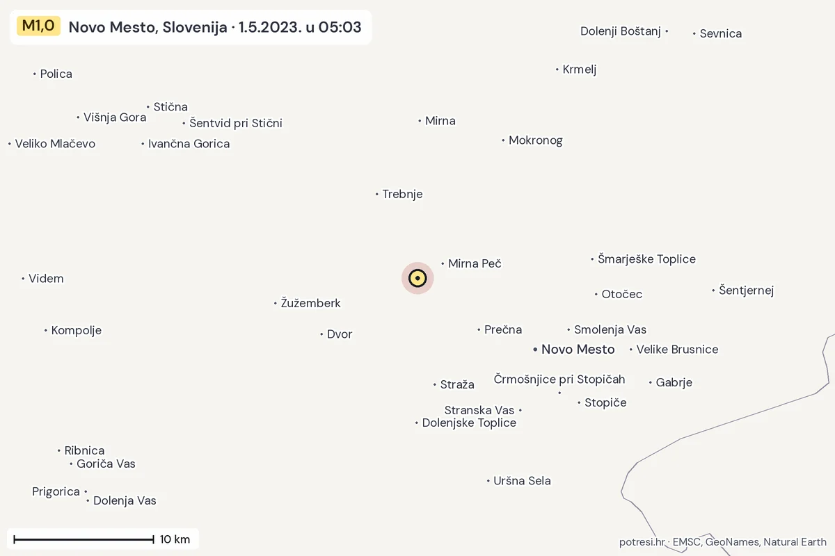 Karta: okolica epicentra, 60 km, potres M1,0, Novo Mesto, Slovenija, 1.5.2023.