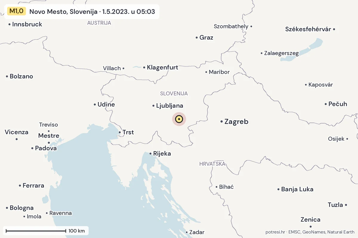 Karta: šire područje, 600 km, potres M1,0, Novo Mesto, Slovenija, 1.5.2023.