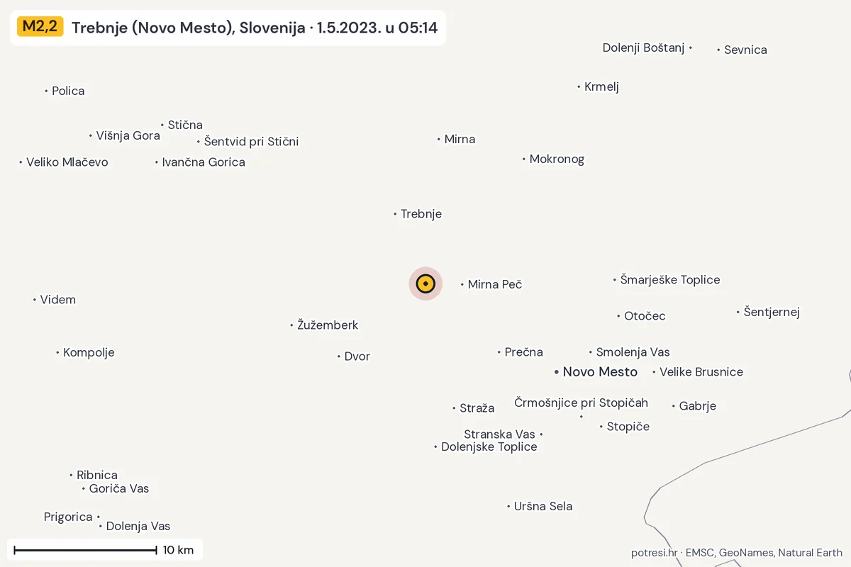 Karta: okolica epicentra, 60 km, potres M2,2, Trebnje (Novo Mesto), Slovenija, 1.5.2023.