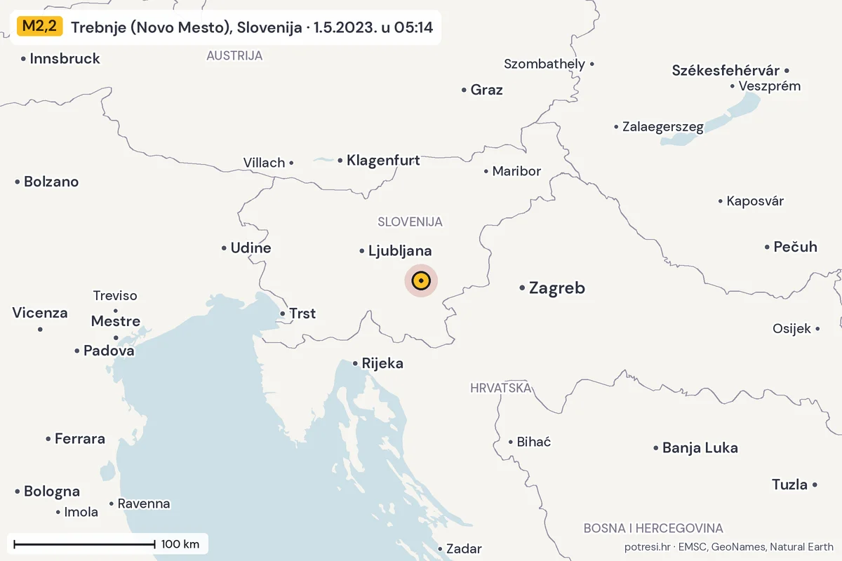 Karta: šire područje, 600 km, potres M2,2, Trebnje (Novo Mesto), Slovenija, 1.5.2023.