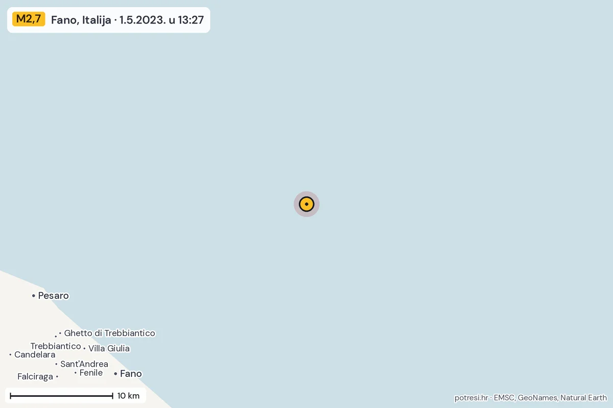 Karta: okolica epicentra, 60 km, potres M2,7, Fano, Italija, 1.5.2023.