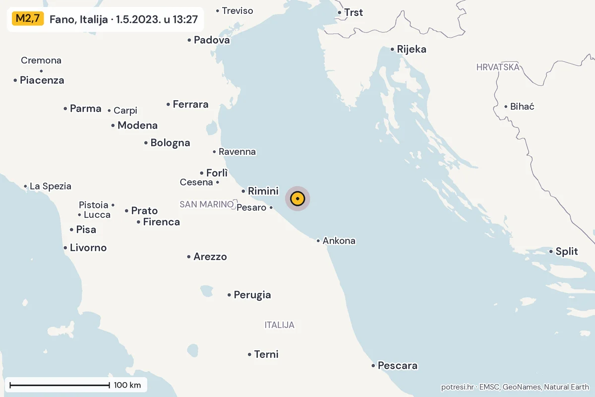Karta: šire područje, 600 km, potres M2,7, Fano, Italija, 1.5.2023.