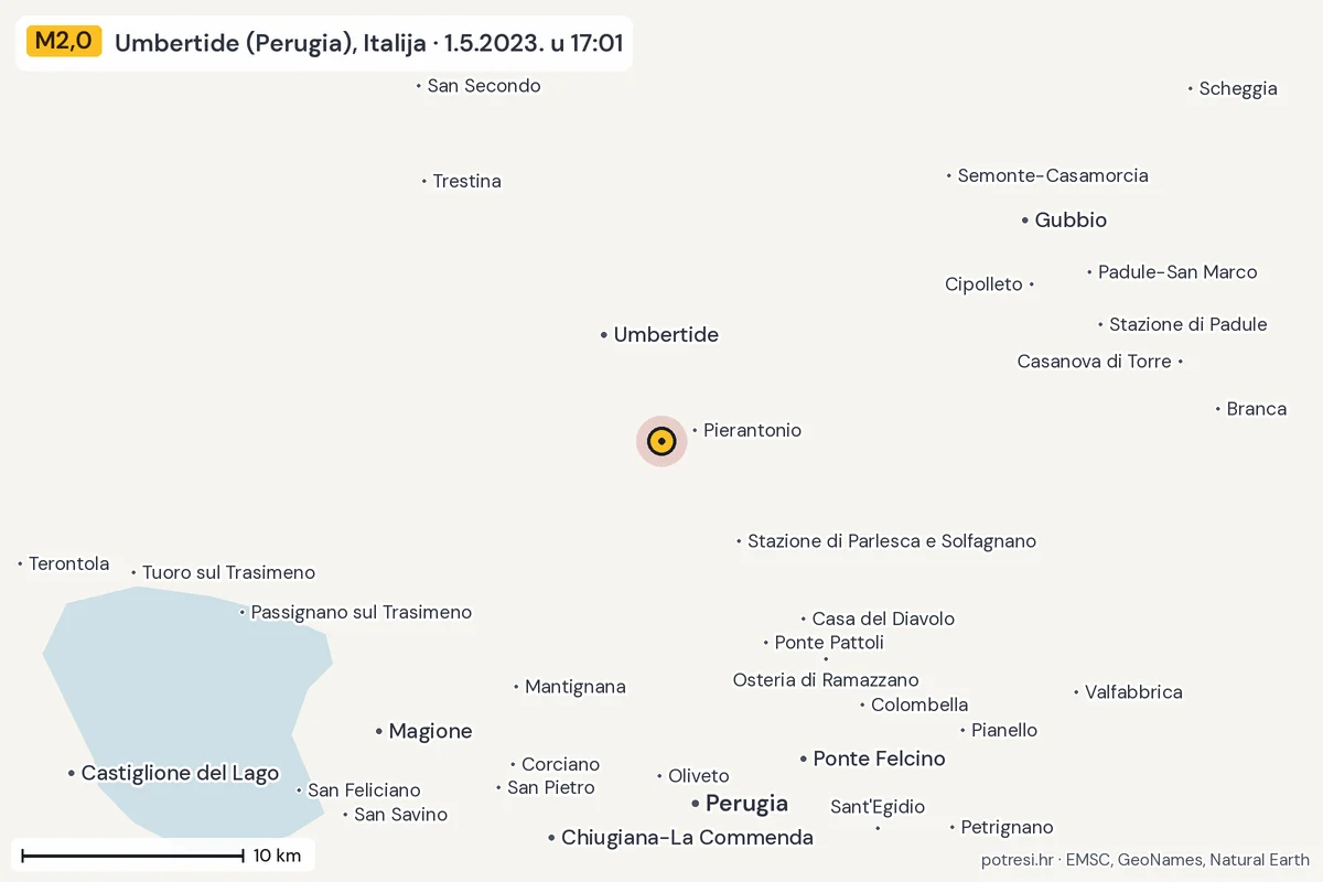 Karta: okolica epicentra, 60 km, potres M2,0, Umbertide (Perugia), Italija, 1.5.2023.