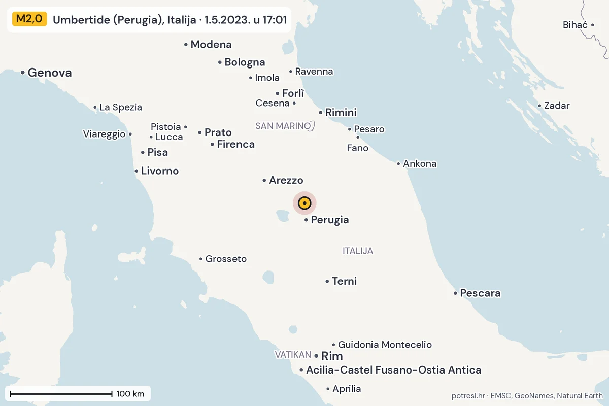 Karta: šire područje, 600 km, potres M2,0, Umbertide (Perugia), Italija, 1.5.2023.