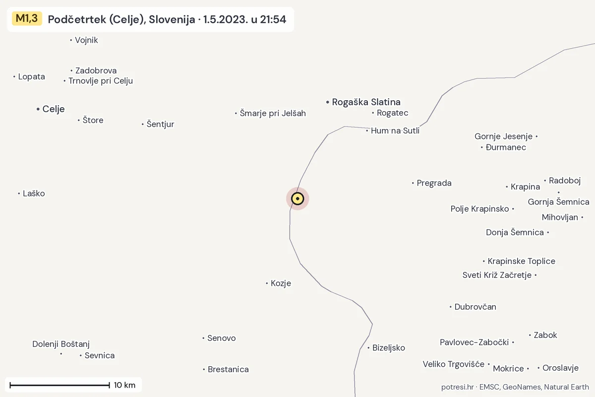 Karta: okolica epicentra, 60 km, potres M1,3, Podčetrtek (Celje), Slovenija, 1.5.2023.